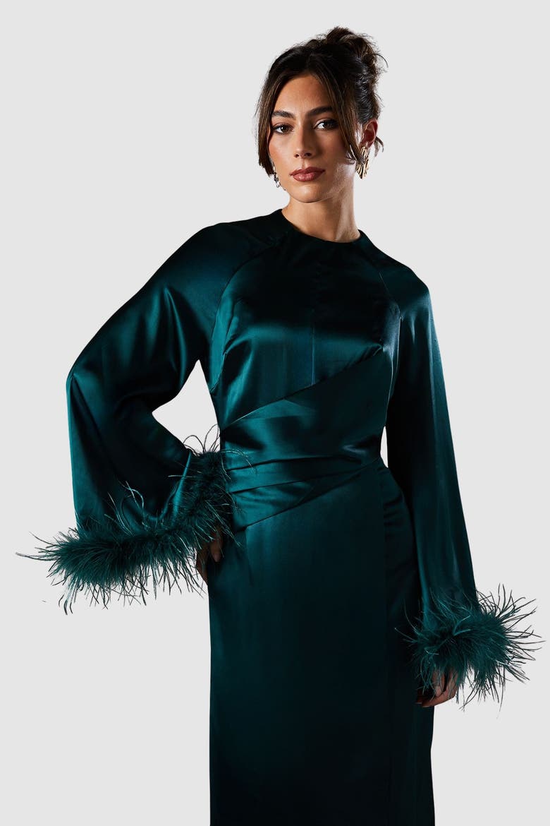 Long Sleeve Trim Satin Maxi Dress