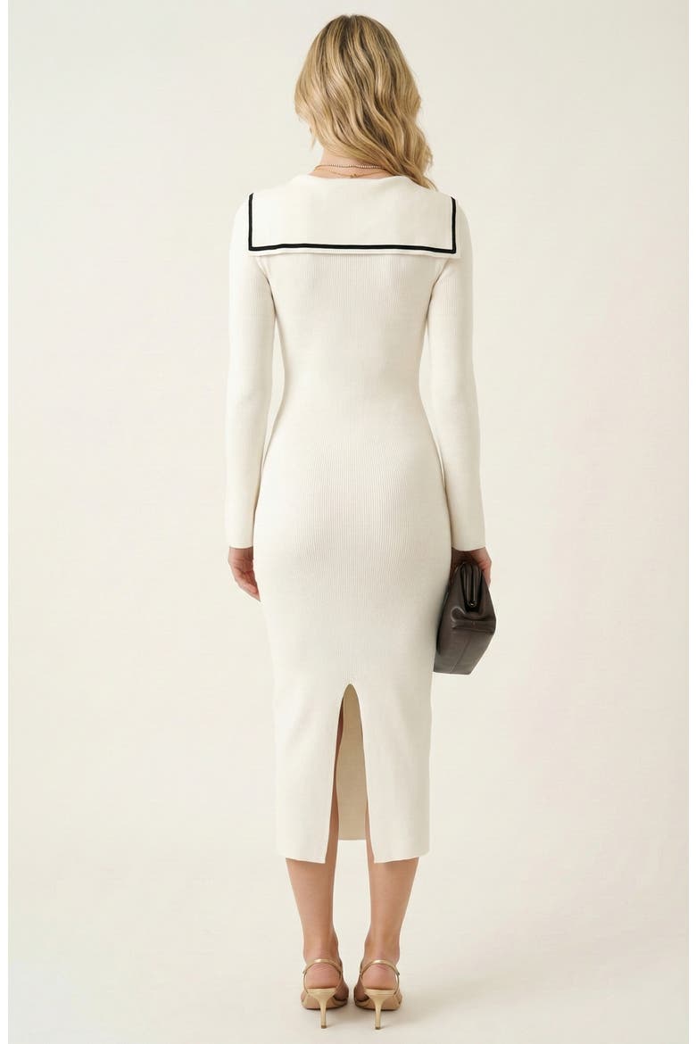 Ribbed Knit V-Neck Contrast Trim Midi Dress