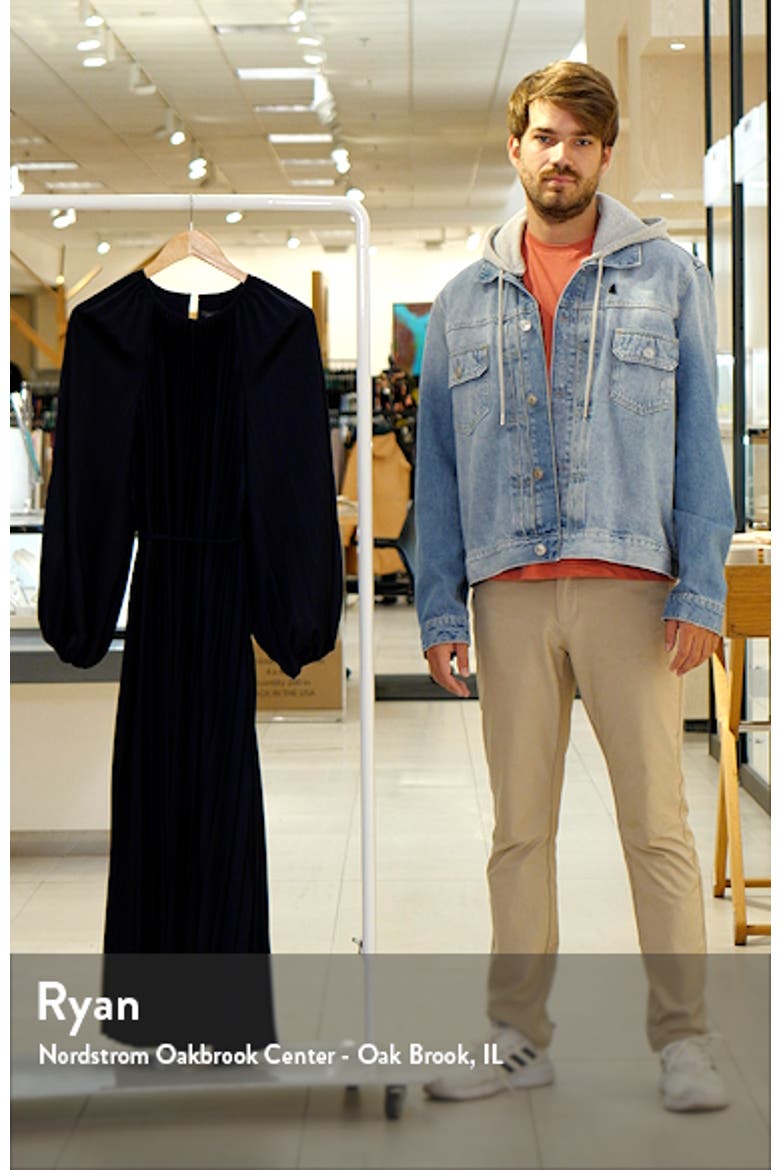 Pleated Long Sleeve Satin Midi Dress