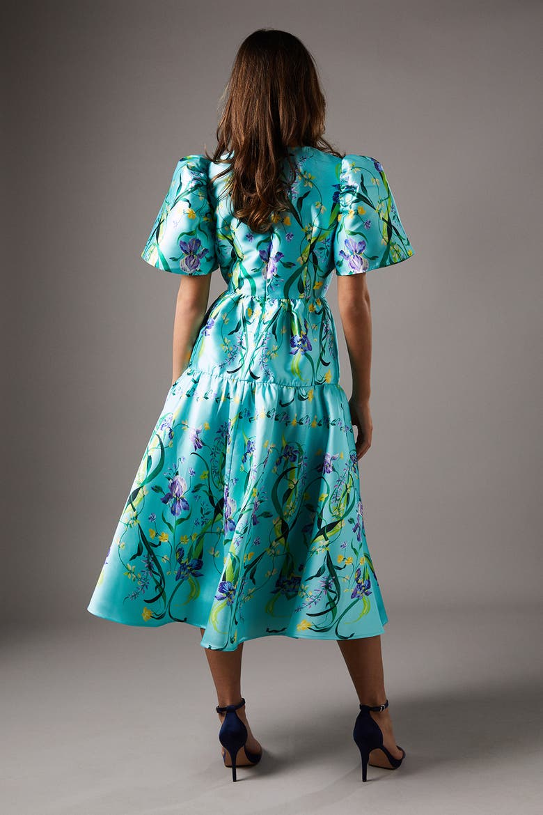 Twill Puff Sleeve Printed Midi Dress