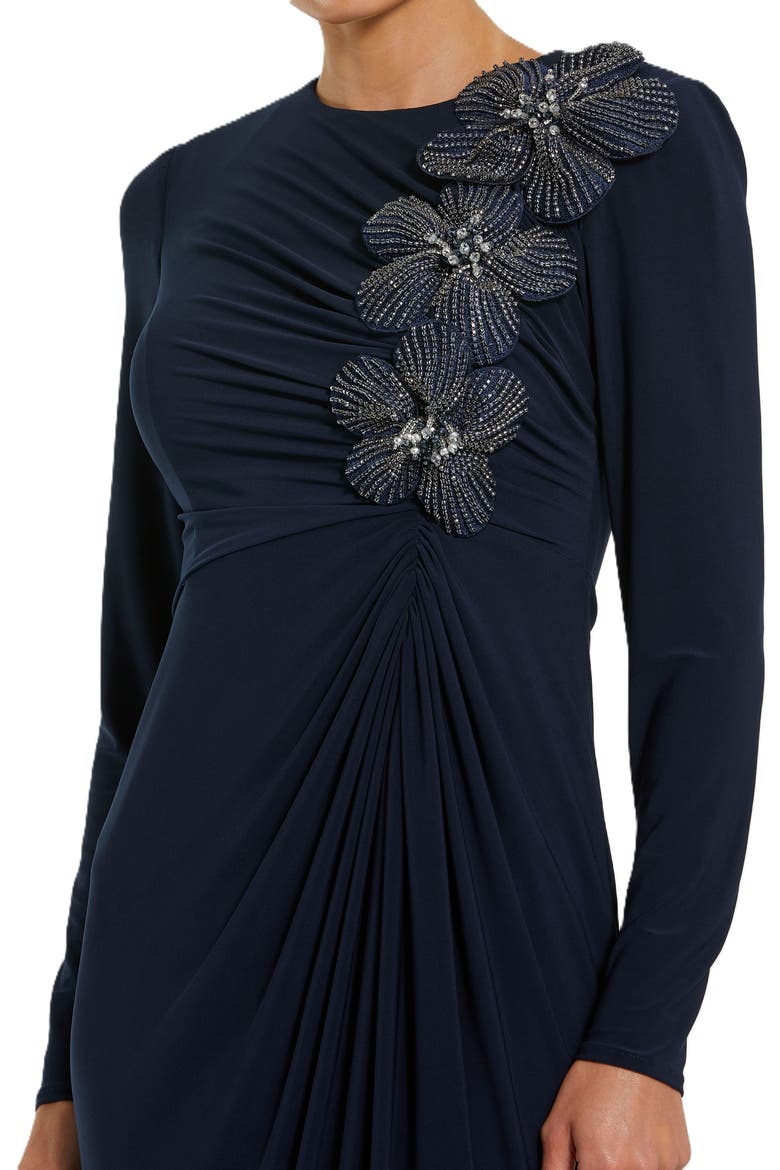 Jersey Long Sleeve Fitted Gown With 3D Flowers