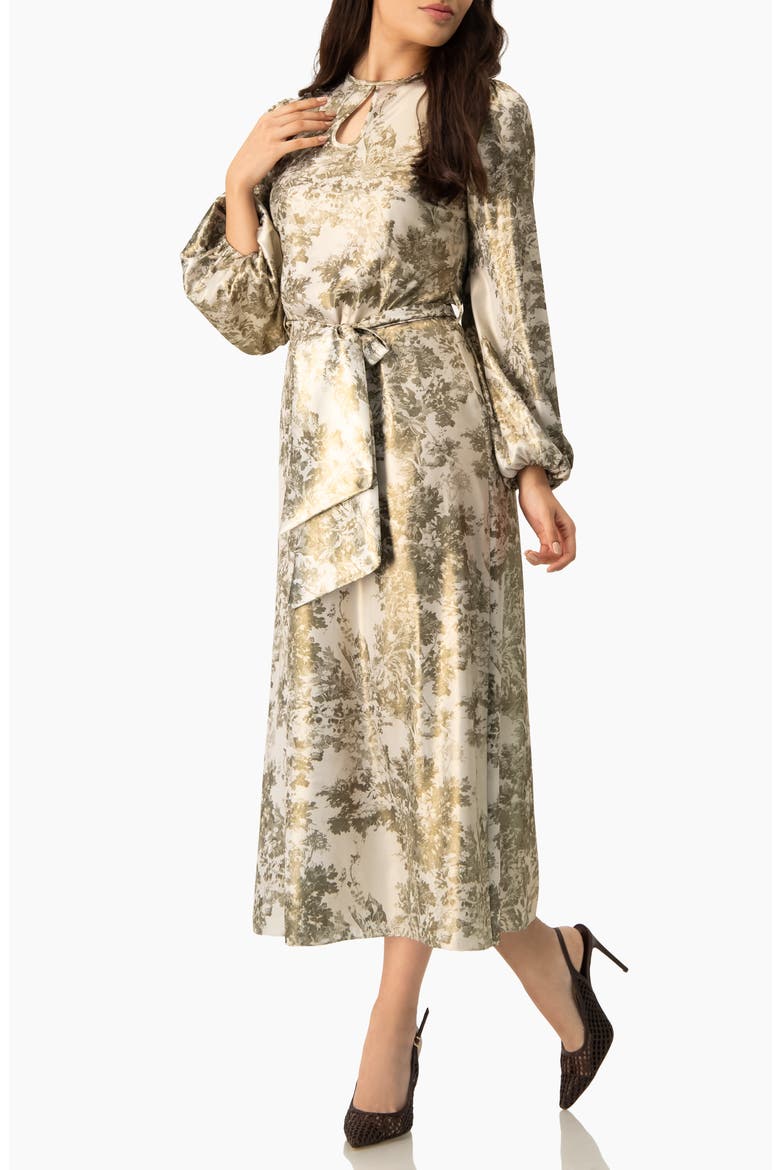 Botanical Print Satin, Long Sleeve Belted Keyhole Midi Dress