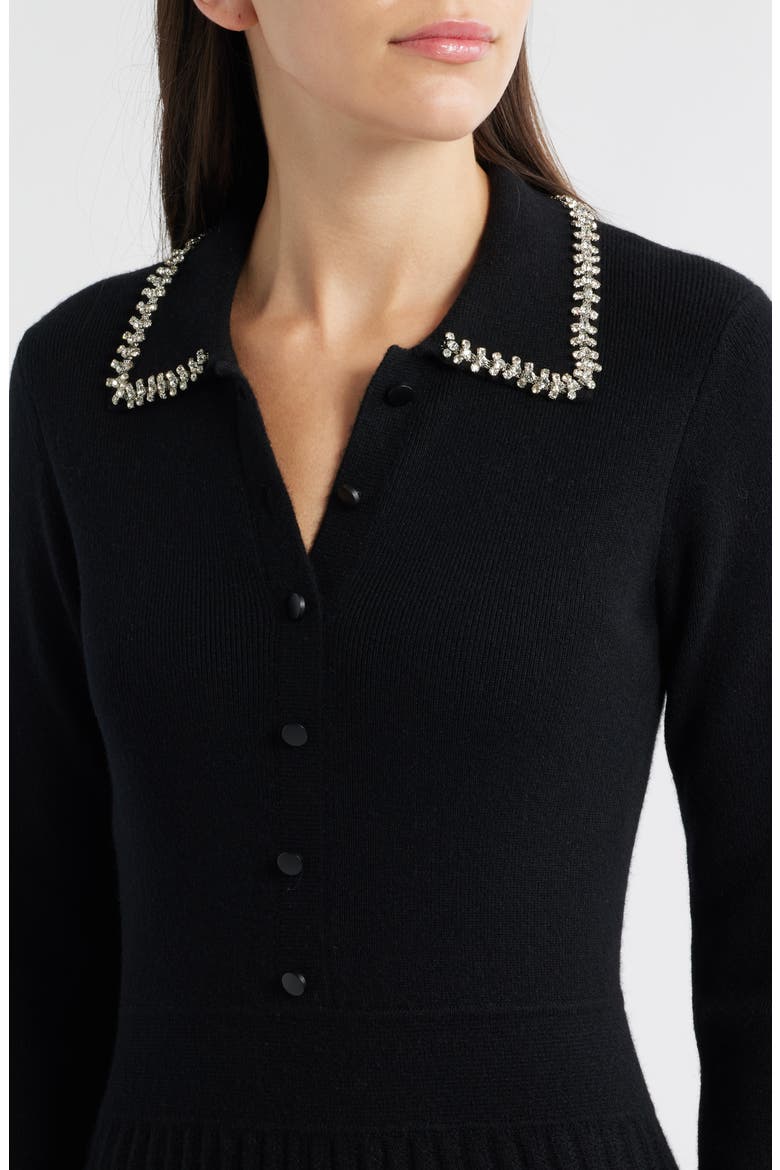 Penny Embellished Collar Pleated Long Sleeve Cashmere Sweater Dress