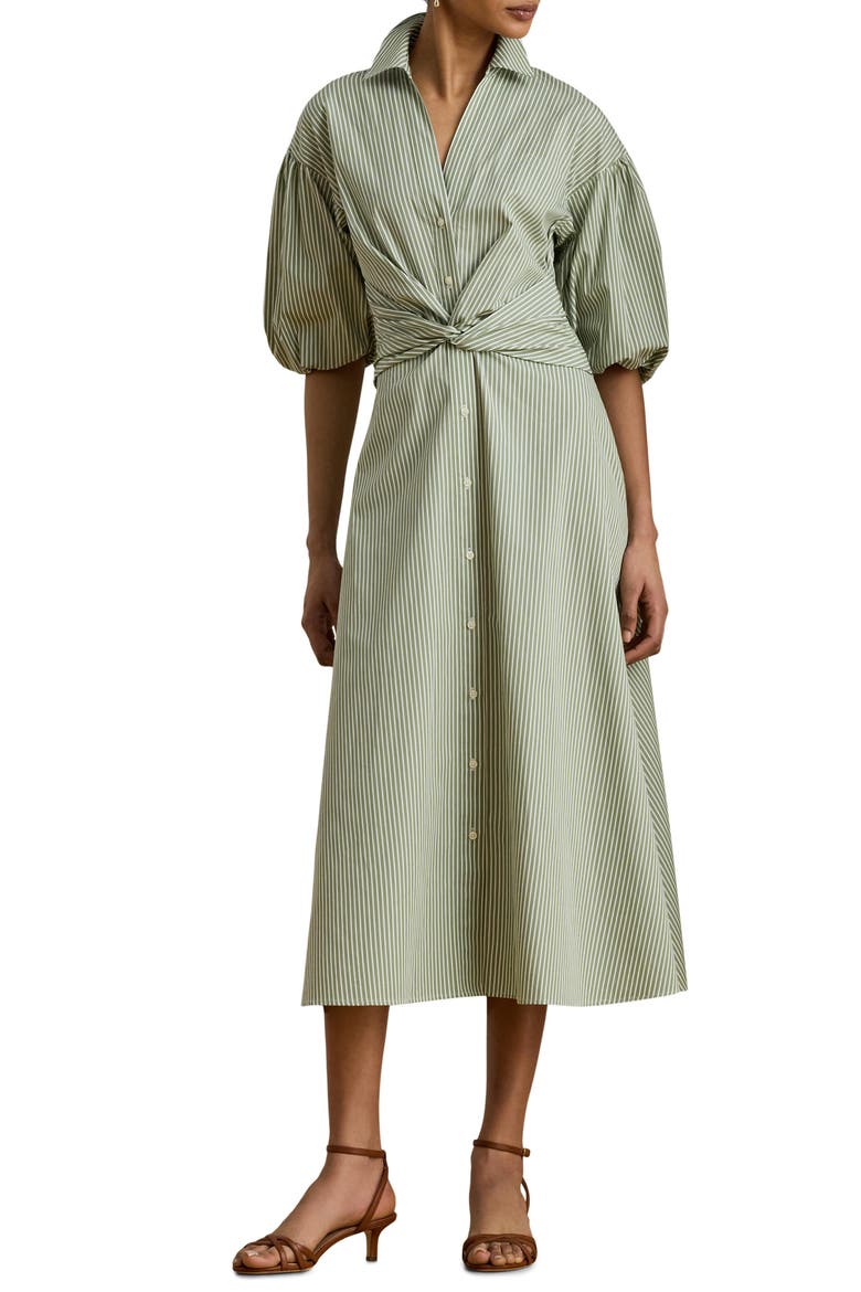 Stripe Bubble Sleeve Cotton Broadcloth Shirtdress