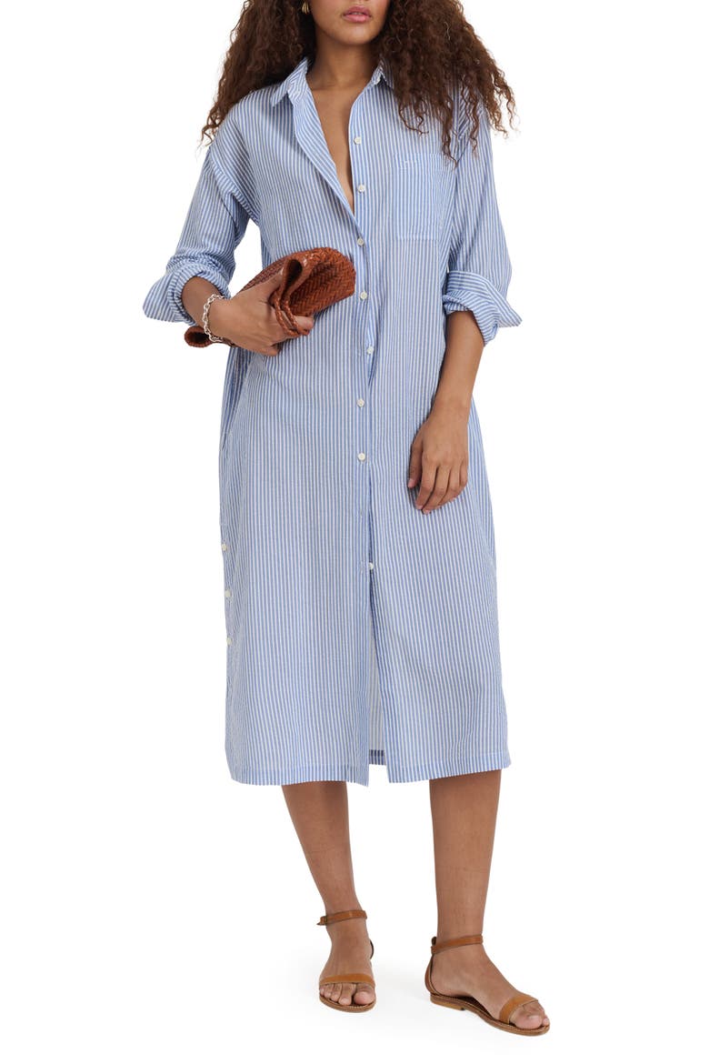 Kerry Stripe Long Sleeve Cotton Seersucker Midi Shirtdress