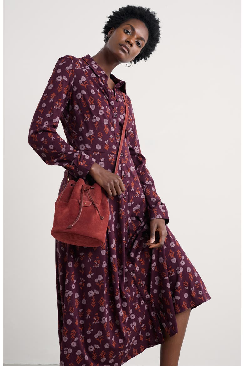 Coastline Print Long Sleeve Organic Cototn Blend Midi Shirtdress