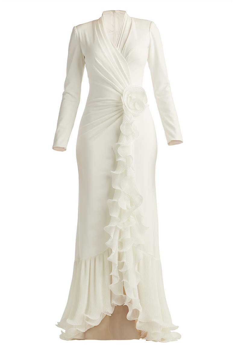 Wire Ruffle Long Sleeve Gown