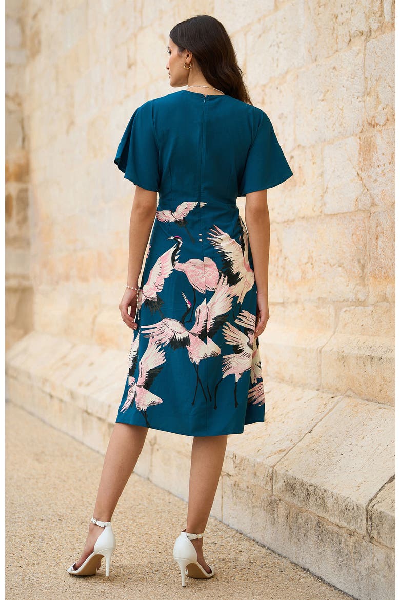 Crane Print Midi Dress