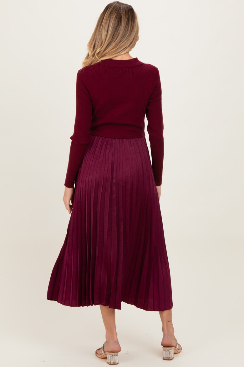 Collared Knit Contrast Pleated Skirt Midi Dress