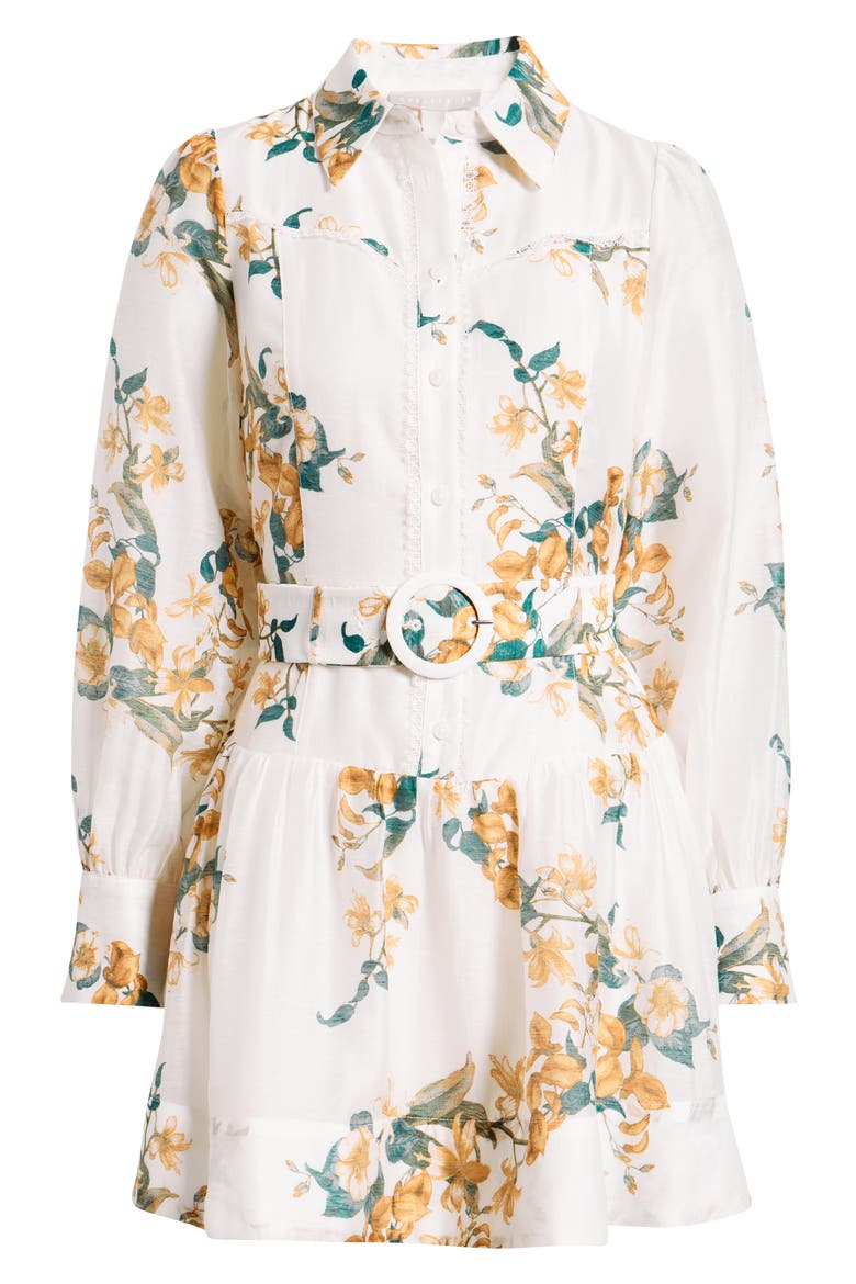 Lace Trim Belted Long Sleeve Mini Shirtdress