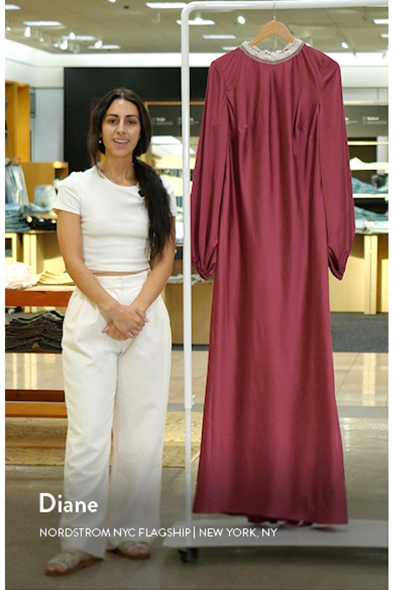 Beaded High Neck Bishop Sleeve Satin Gown