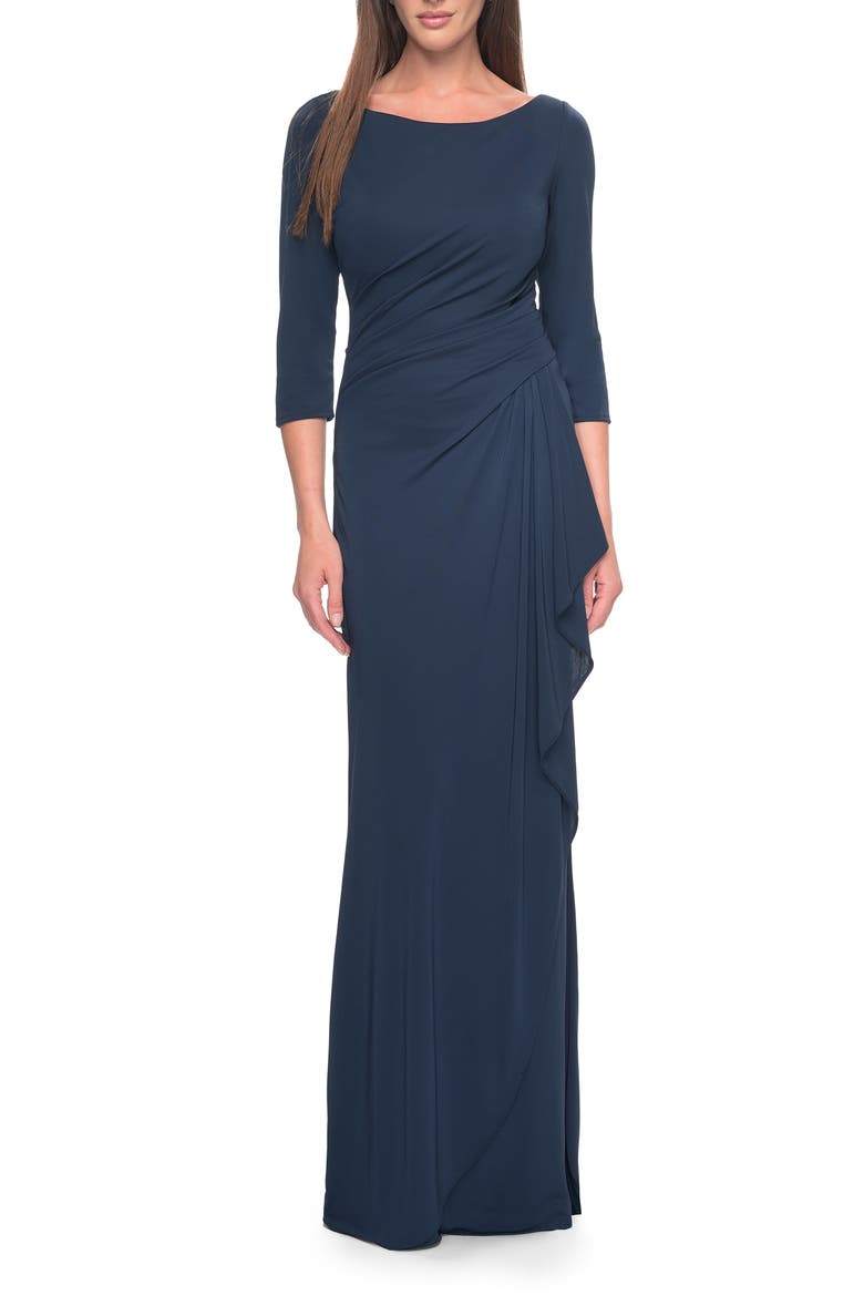 Chic Long Evening Gown with High Neck and Ruffle Detail