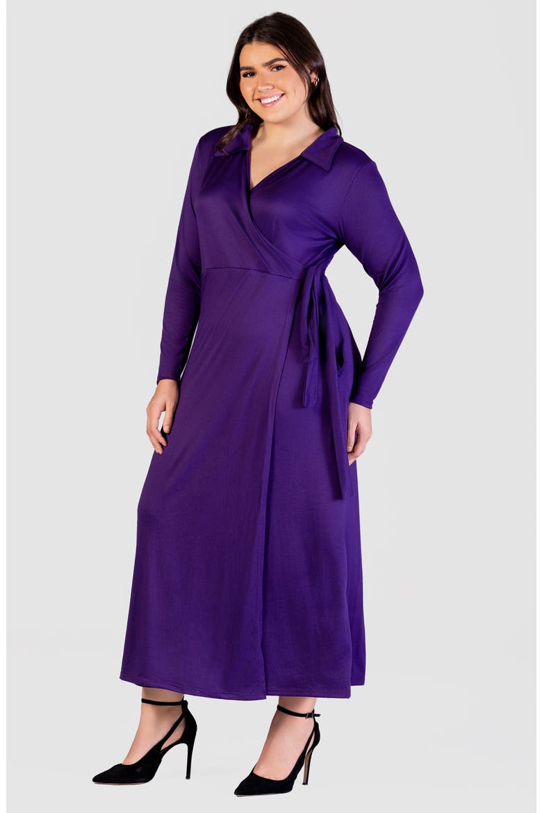 Collared Long Sleeve Wrap Front Maxi Dress