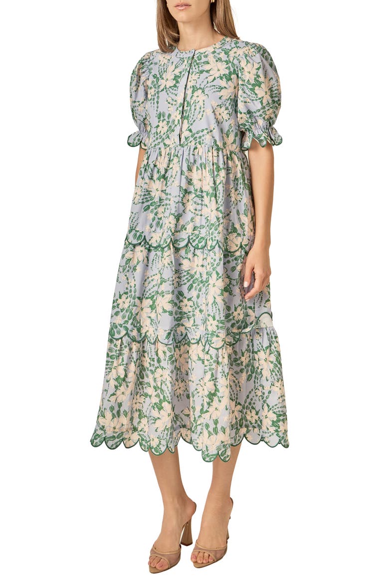 Floral Scallop Trim Tiered Midi Dress