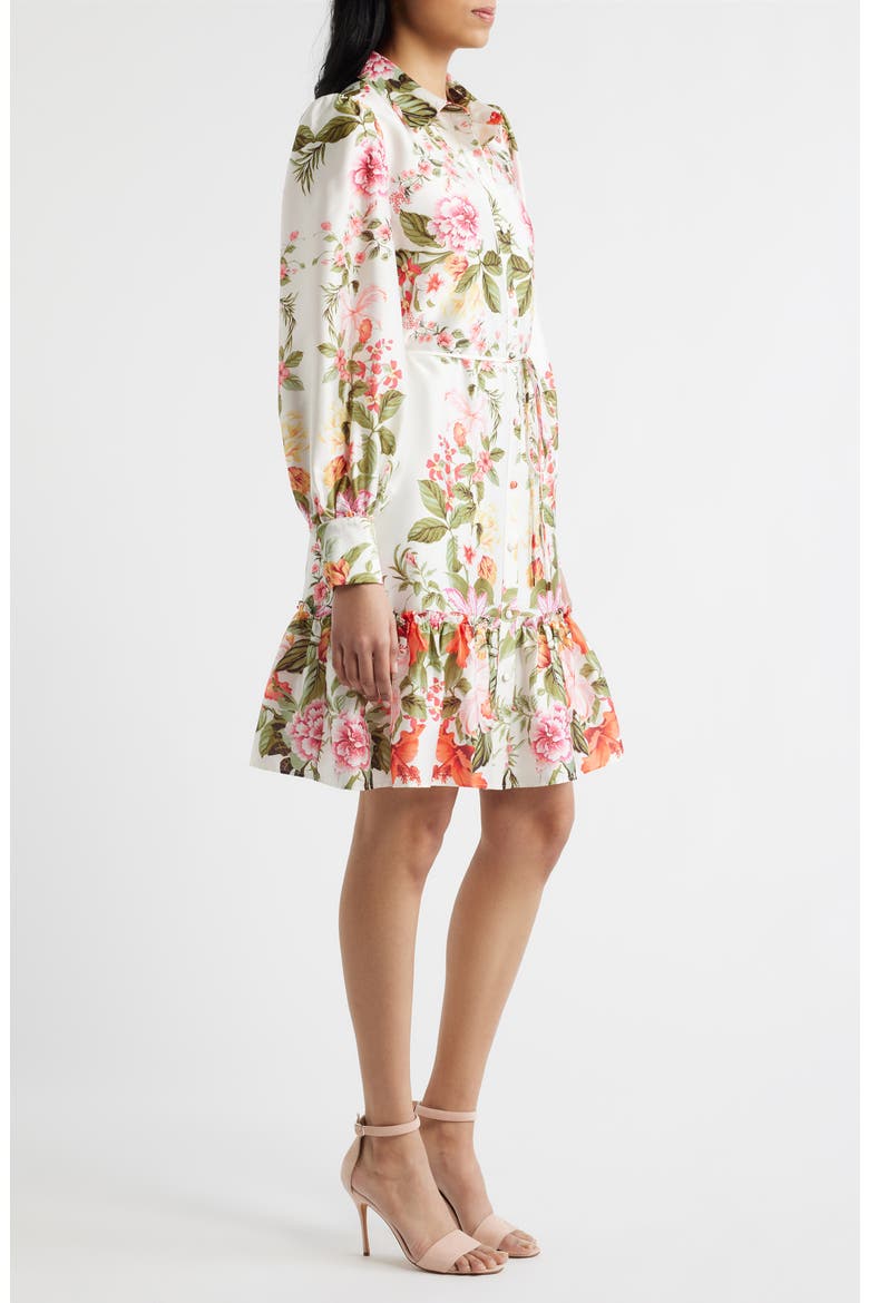 Floral Long Sleeve Tie Belt Shirtdress