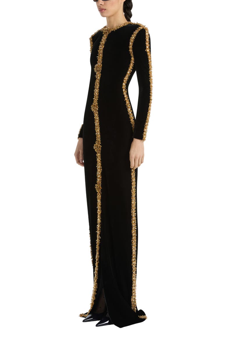 Long Velvet Dress with Embroidered Trim