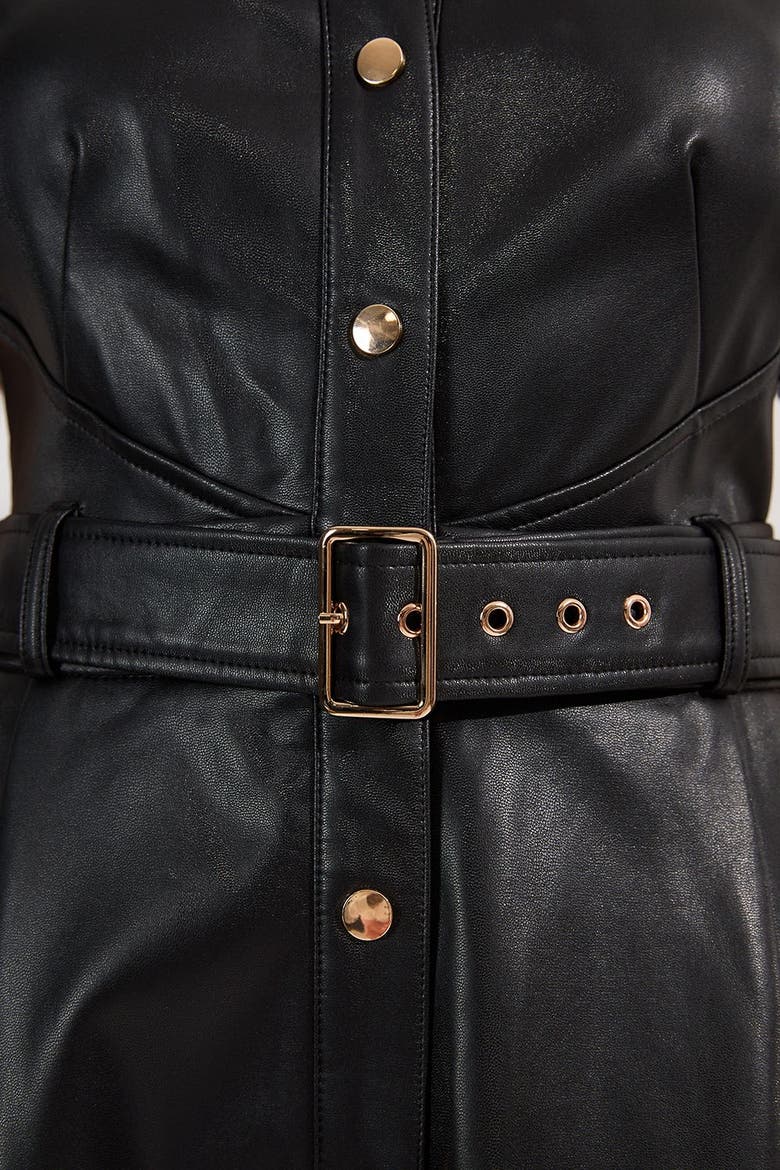 Faux Leather Belted Midi Shirt Dress