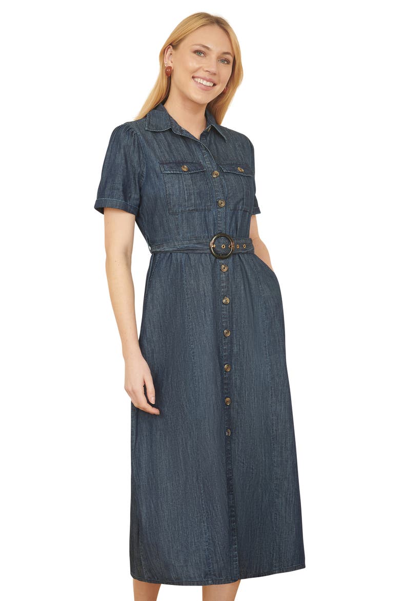 Chambray Denim Utility Midi Shirt Dress