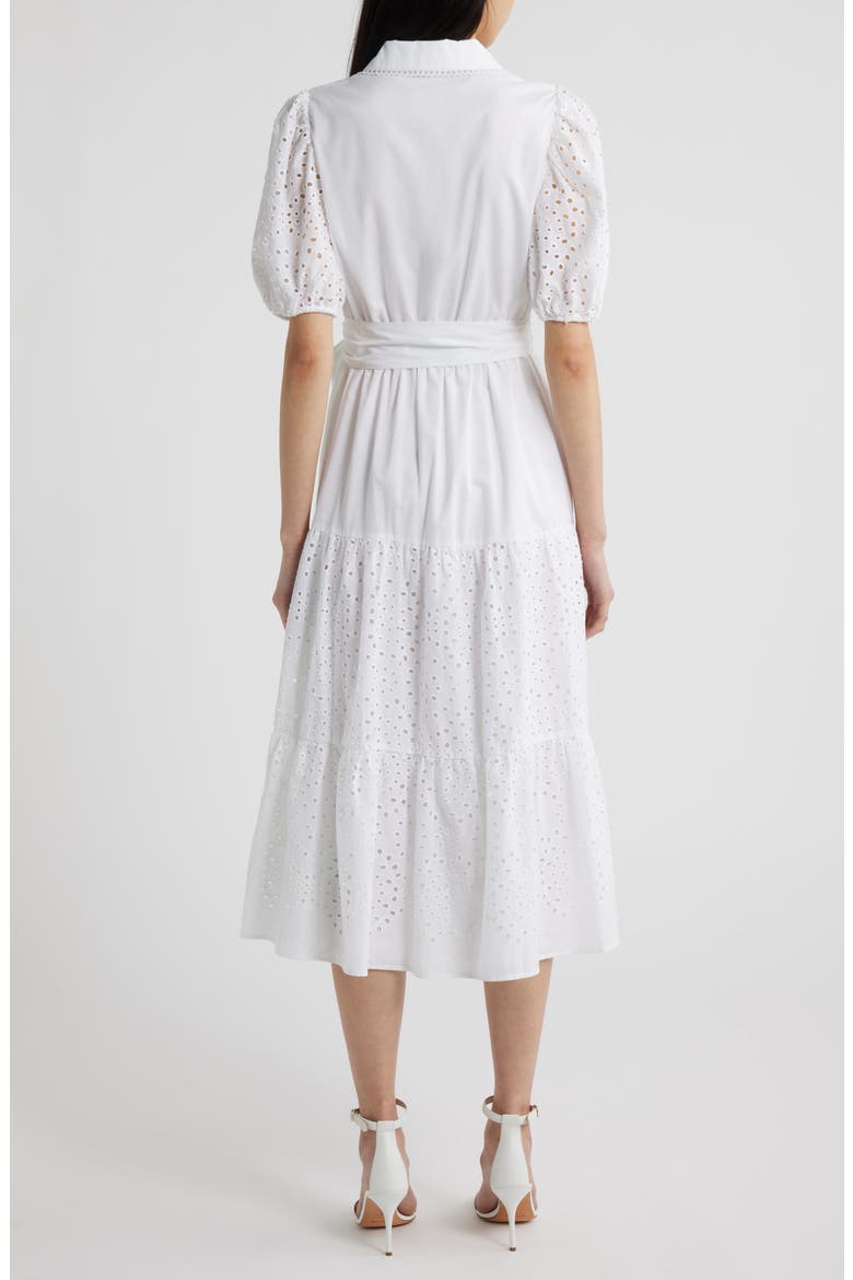 Eyelet Tie Waist Puff Sleeve Midi Dress