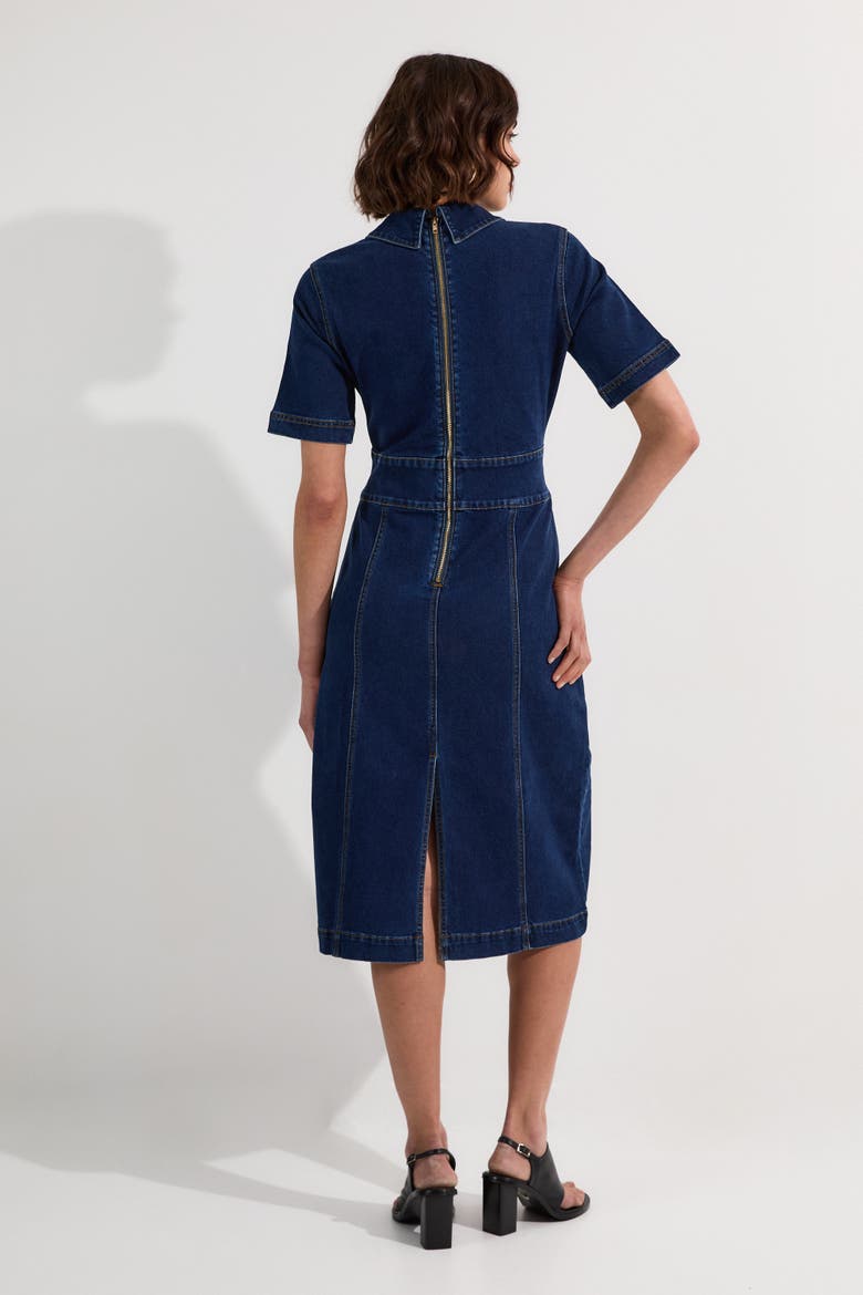 Trim Collared Denim Midi Dress