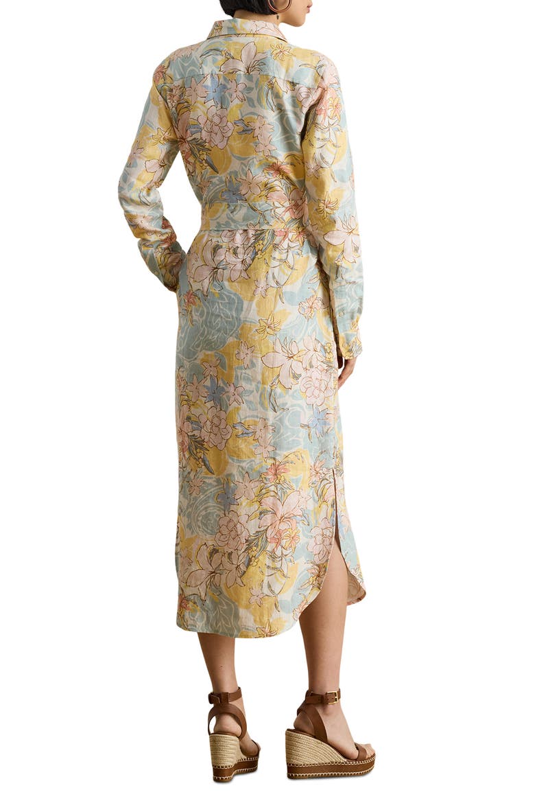 Floral Long Sleeve Linen Midi Shirtdress