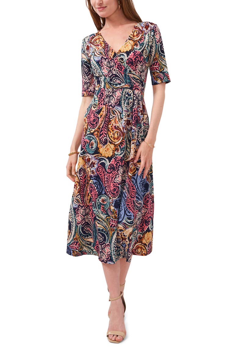 V-Neck Faux Wrap Midi Dress