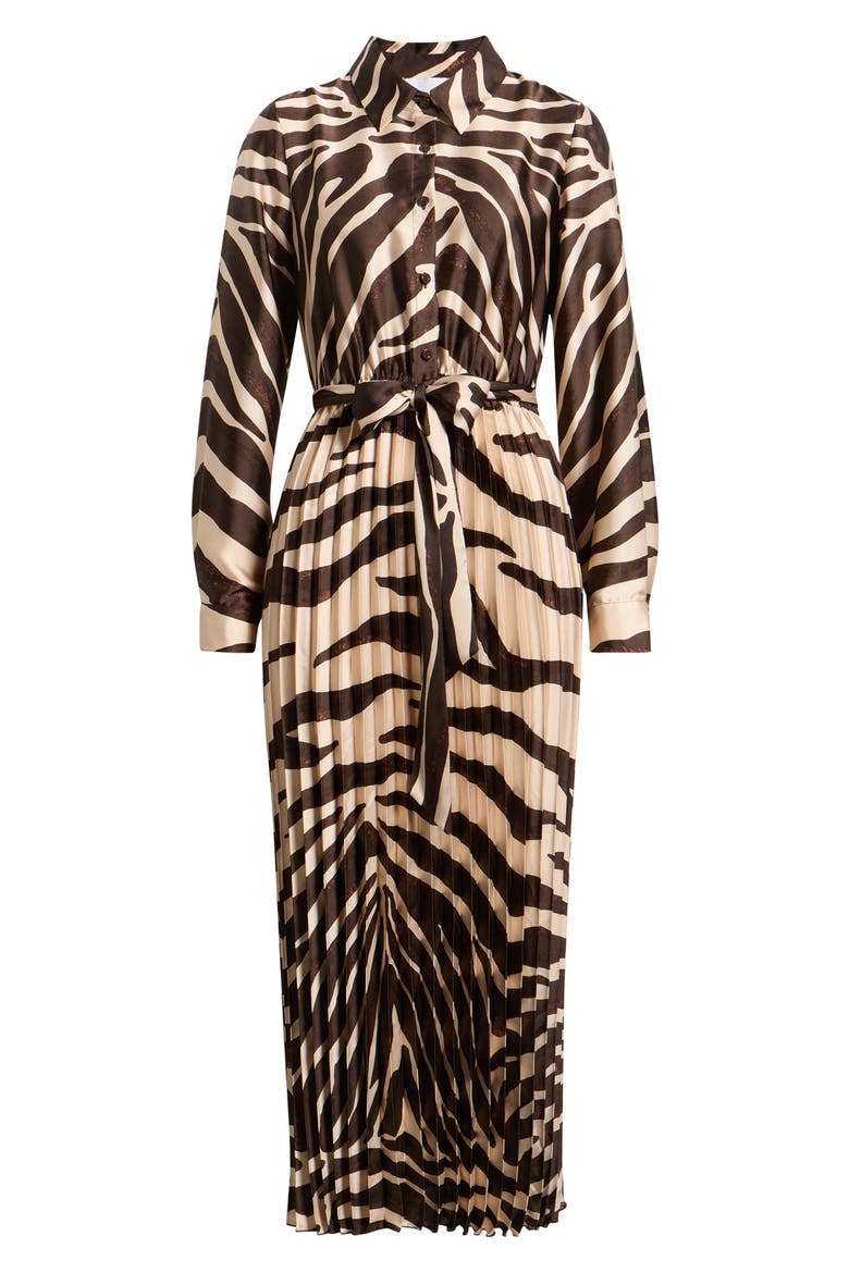 Zebra Print Long Sleeve Pleated Maxi Shirtdress