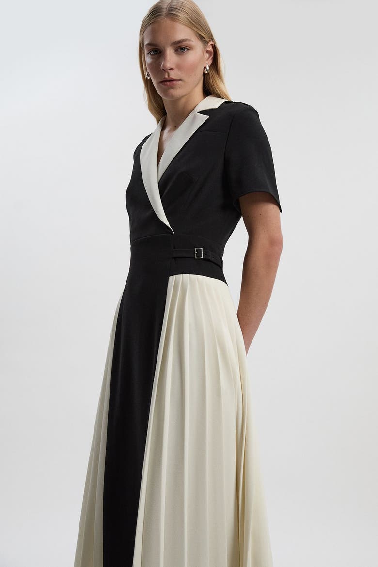 Tailored Crepe Pleated Midi Shirt Dress