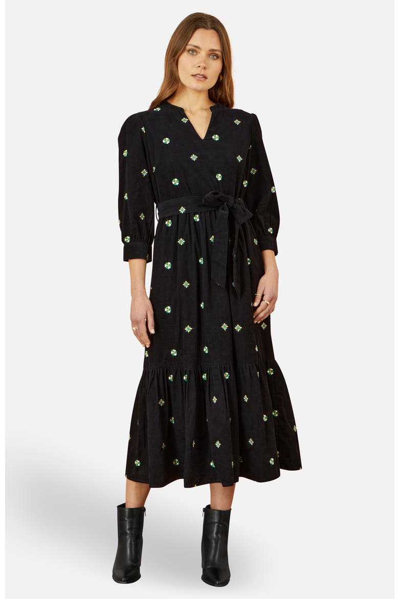 Flower Embroidery Midi Cord Dress