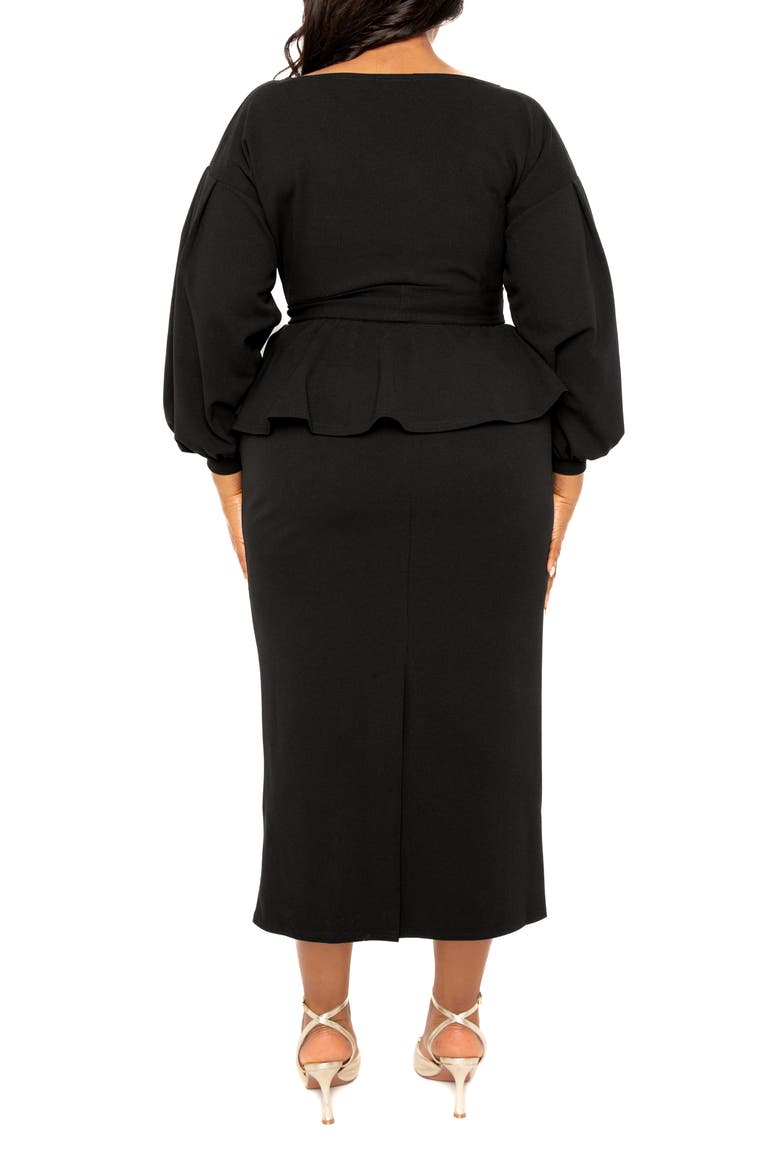 Convertible Shoulder Belted Peplum Midi Dress