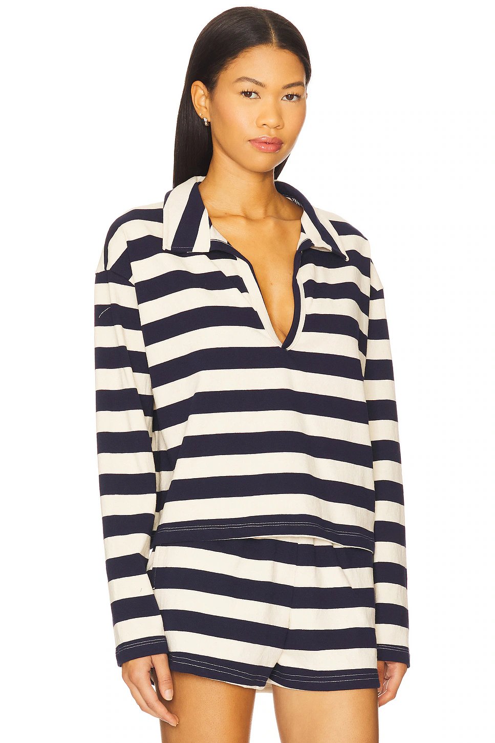 Alison Tennesse Polo Top in Natural & Navy Stripe - Image 2