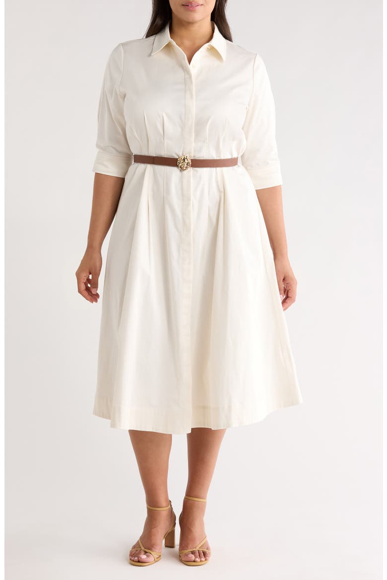 Belted Elbow Sleeve Stretch Cotton Sateen Shirtdress