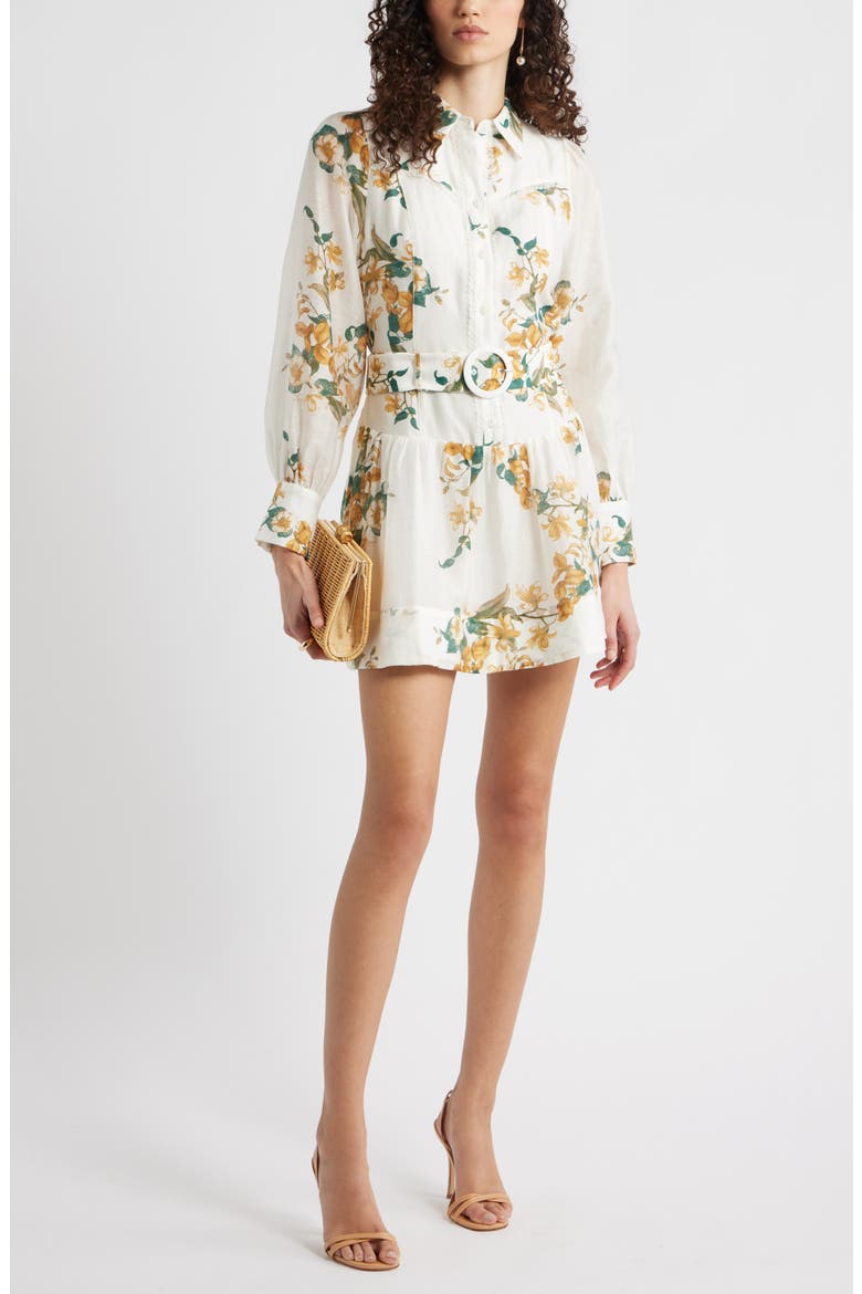 Lace Trim Belted Long Sleeve Mini Shirtdress