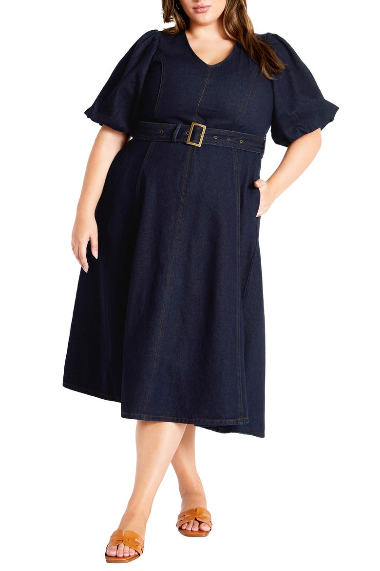Sable Delilah Puff Sleeve Belted Denim Midi Dress
