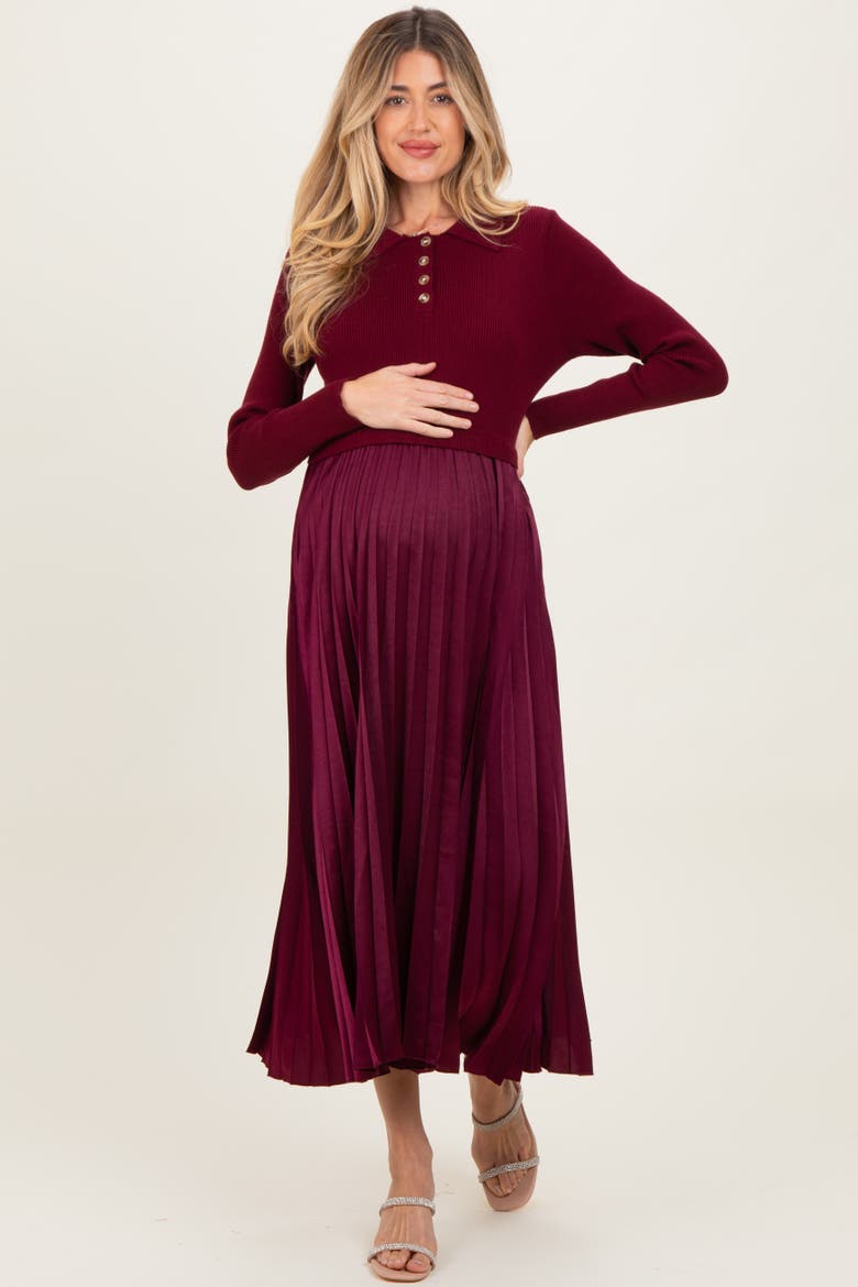 Collared Knit Contrast Pleated Skirt Midi Dress