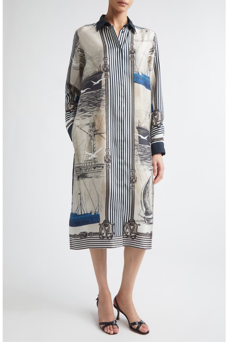 Mariner Print Long Sleeve Silk Midi Shirtdress