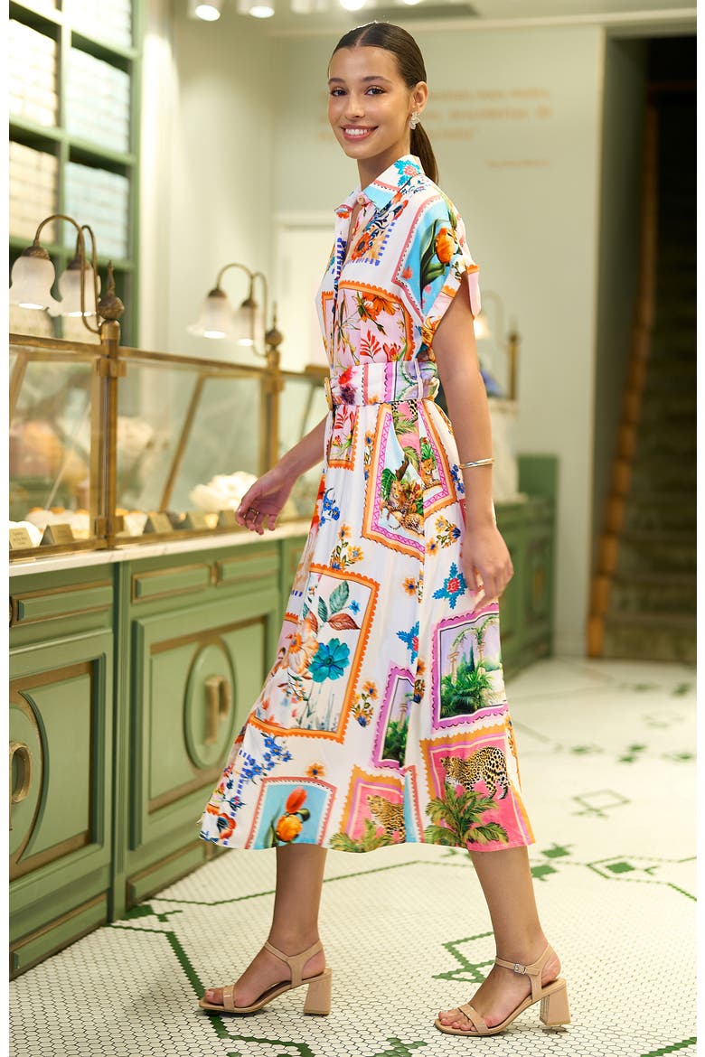 Tropical Postcard Print Midi Shirt Dress