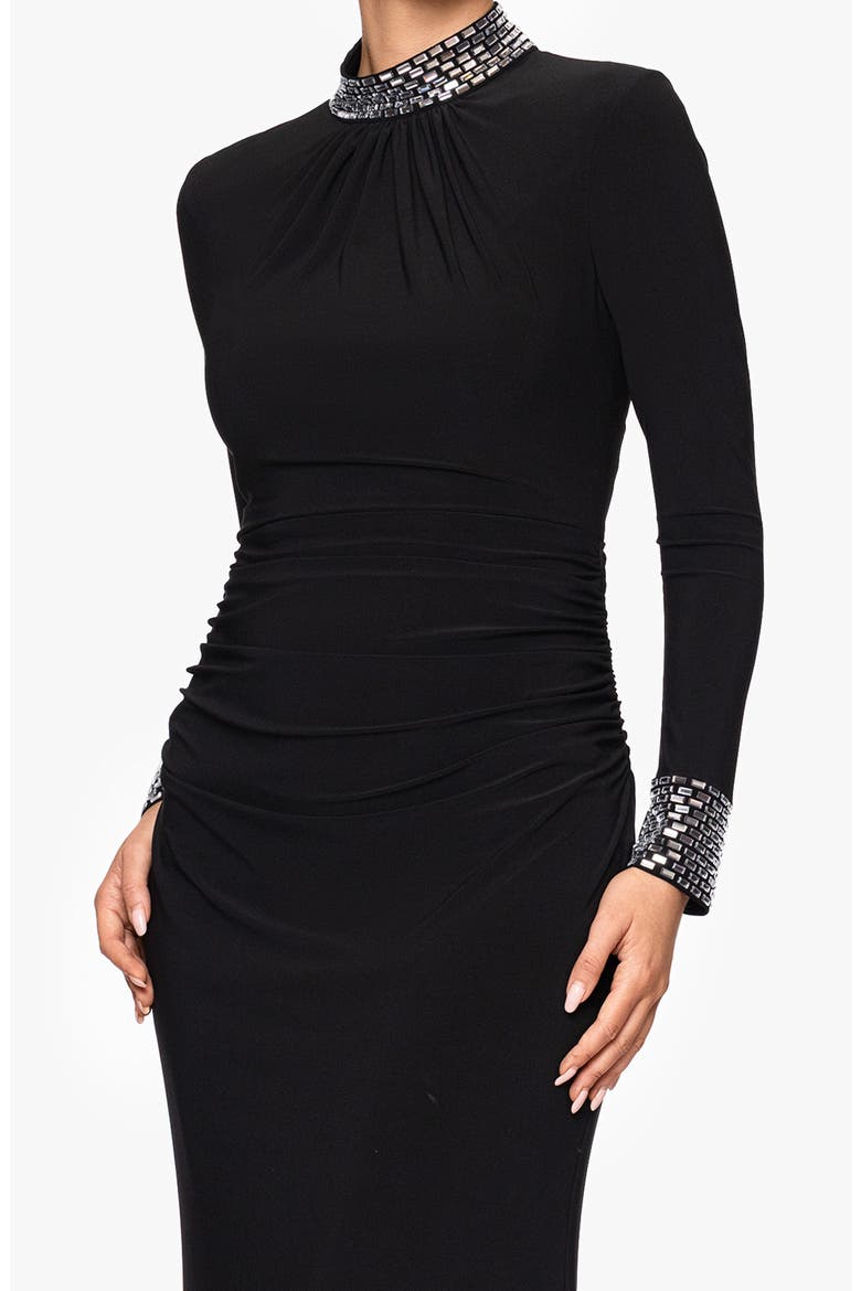 Ruched Beaded Long Sleeve Gown