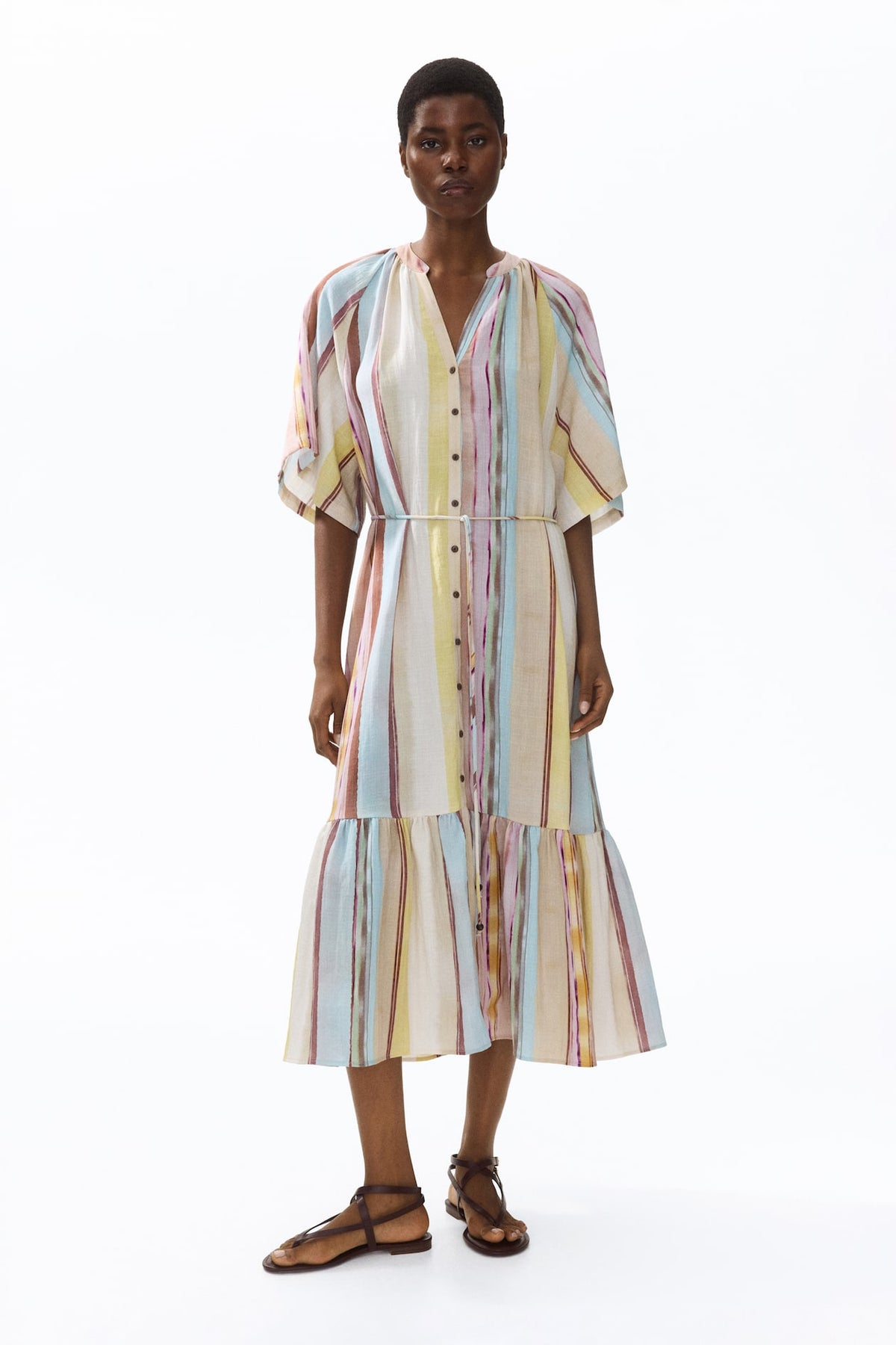 Short-Sleeved Tie-Belt Dress