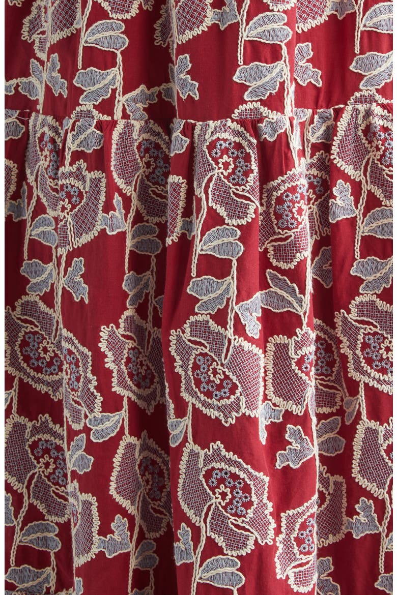 Floral Embroidered Tiered Cotton Blend Midi Shirtdress