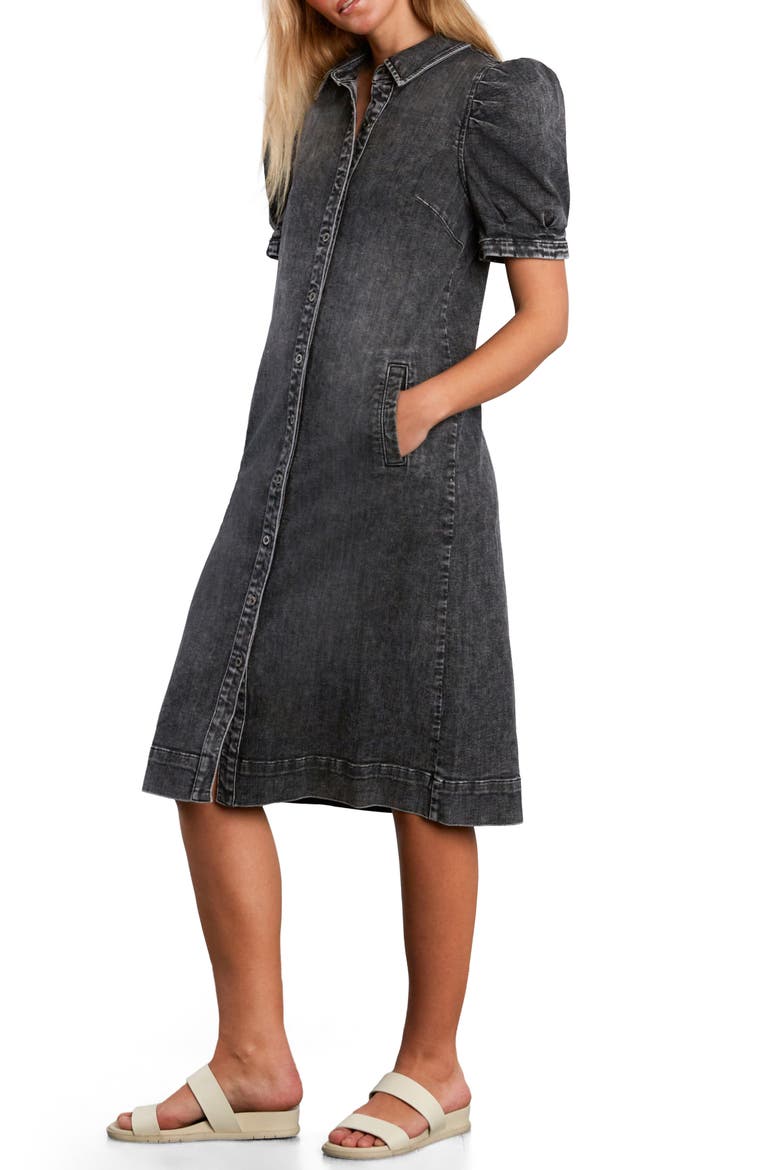 Puff Sleeve Stretch Denim Midi Dress