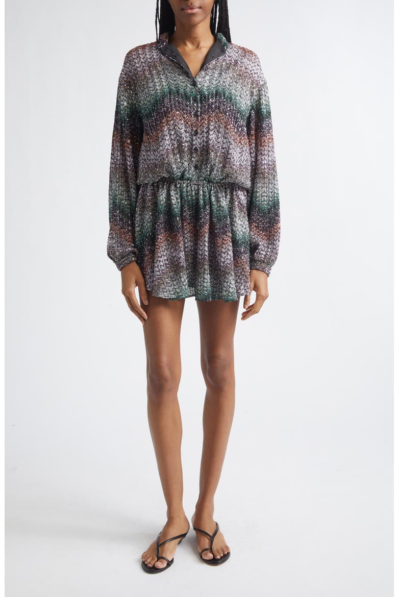 Metallic Zigzag Sequin Long Sleeve Knit Minidress
