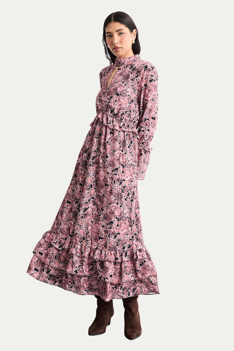 Chiffon Shirred High Neck Midi Dress