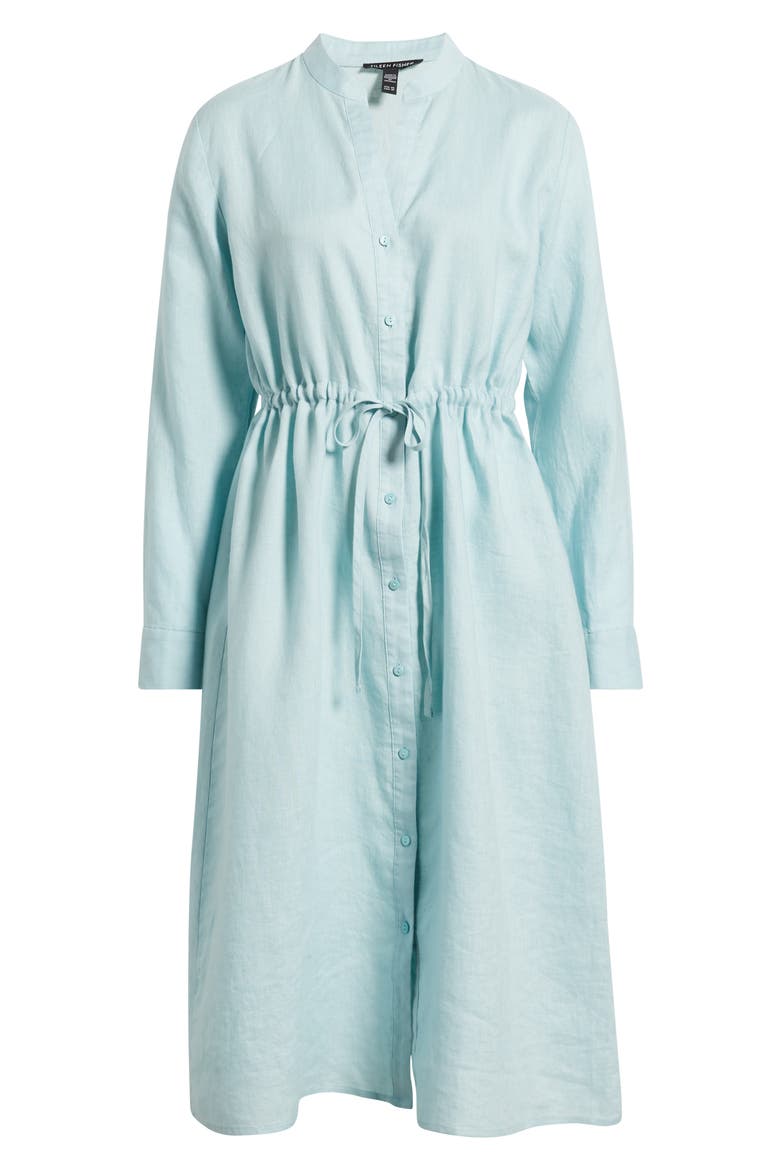 Mandarin Collar Long Sleeve Organic Linen Midi Shirtdress