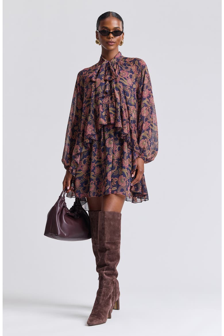 Paisley Print Long Sleeve Chiffon Tie Neck Dress