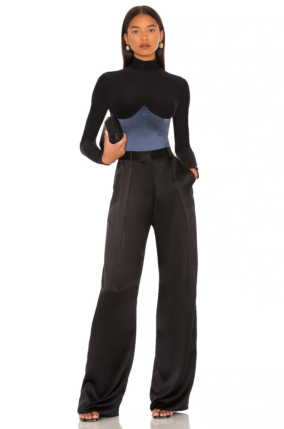 Mock Neck Long Sleeve Bodysuit in Black & Deep Slate - Image 5