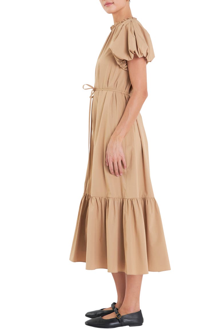 Puff Sleeve Tie Belt Midi Dress