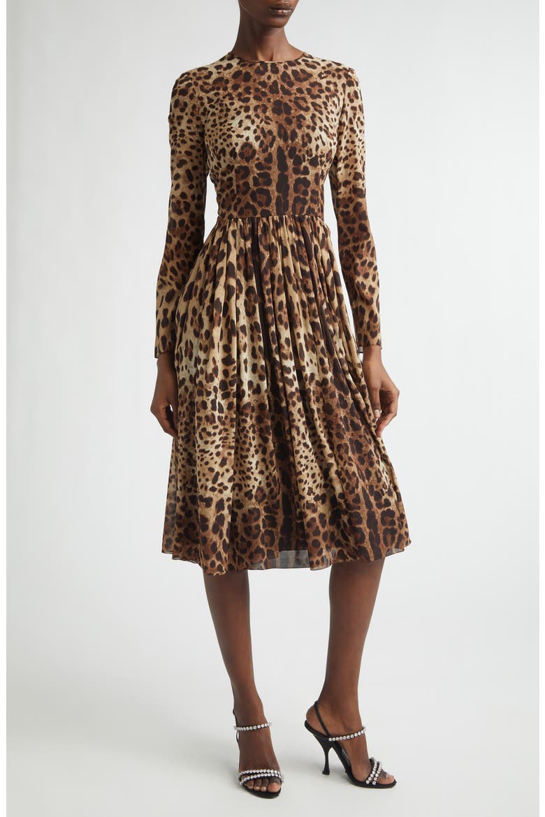 Leopard Print Long Sleeve Stretch Silk Midi Dress
