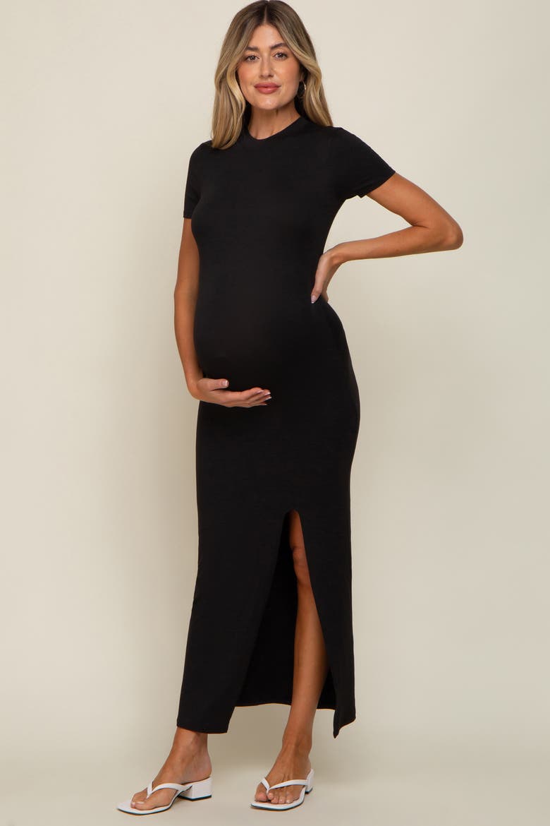Mock Neck Front Slit Short Sleeve Maxi Dress