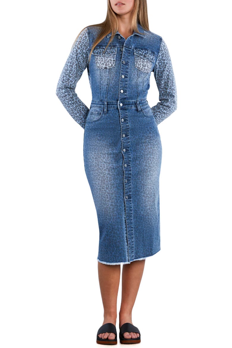 Animal Print Long Sleeve Denim Midi Shirtdress